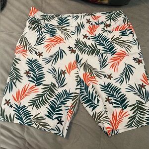 Tropical Leaf Print Shorts in White, Teal & Coral